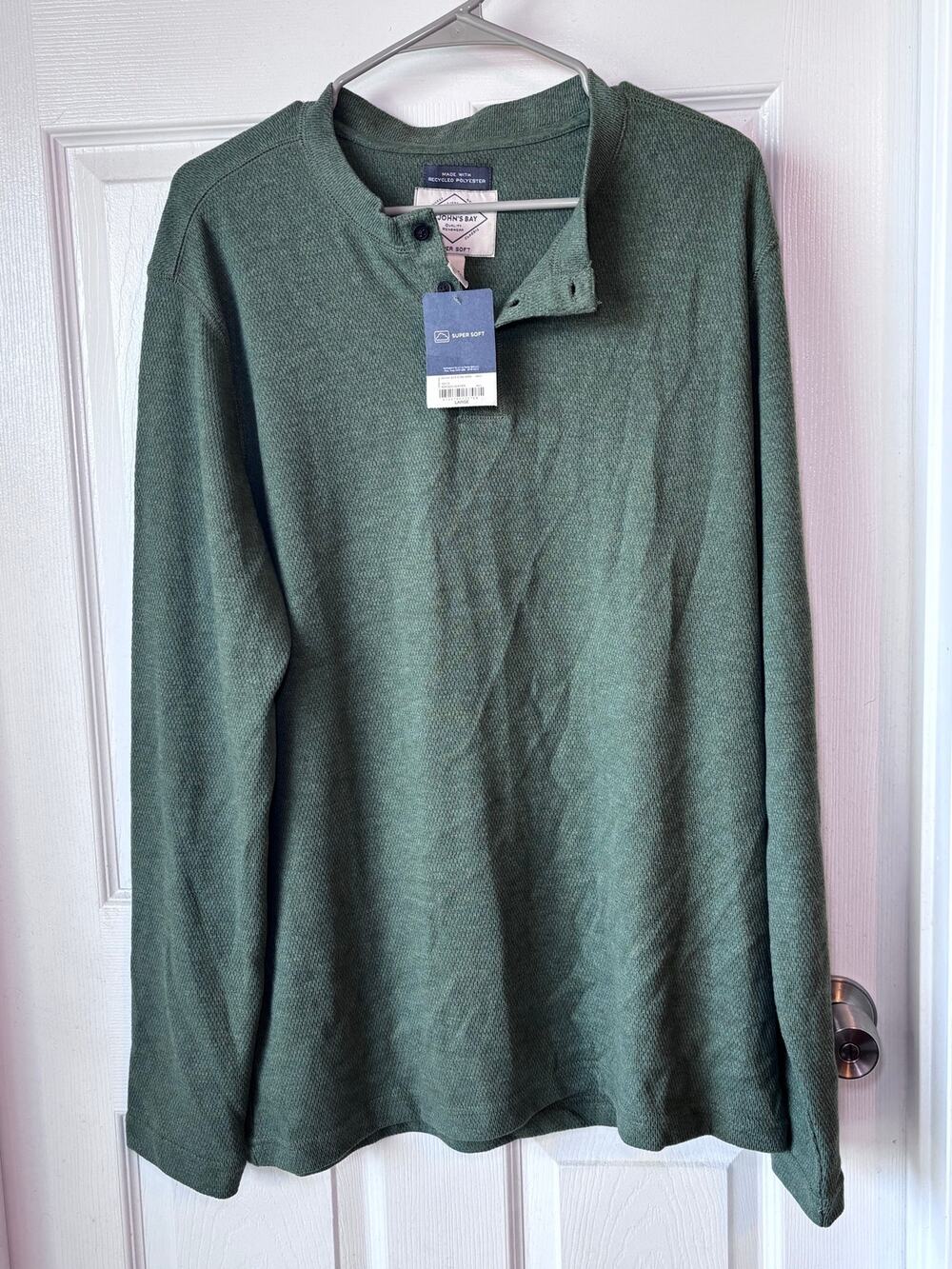 St. John’s Bay Men’s Large Super Soft Henley Thermal Shirt Avocado Green NWT